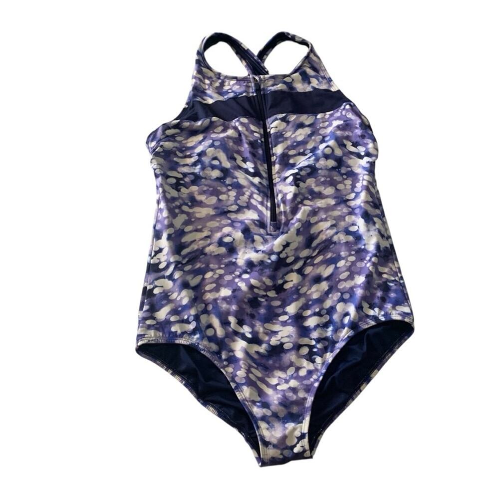 Lands' End size large 12 14 Purple blue White One Piece Swim bathing suit zipper
